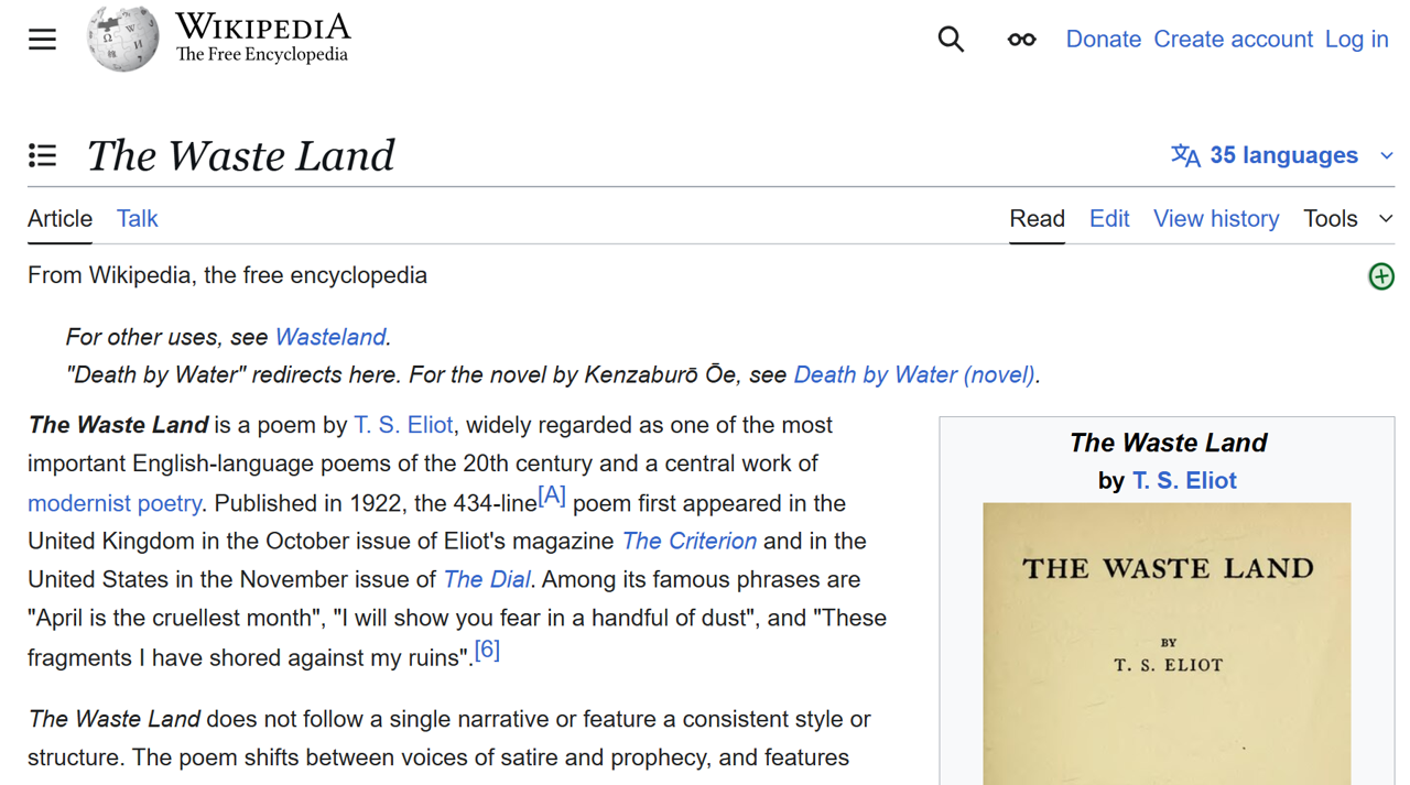 The Wikipedia article for the poem The Waste Land, with the default medium font size and zoomed 150%.
